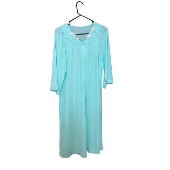 Vintage Shadowline Aqua Nylon Nightgown & Robe Silky Roses Embroidery Small Mcm - Picture 8 of 16